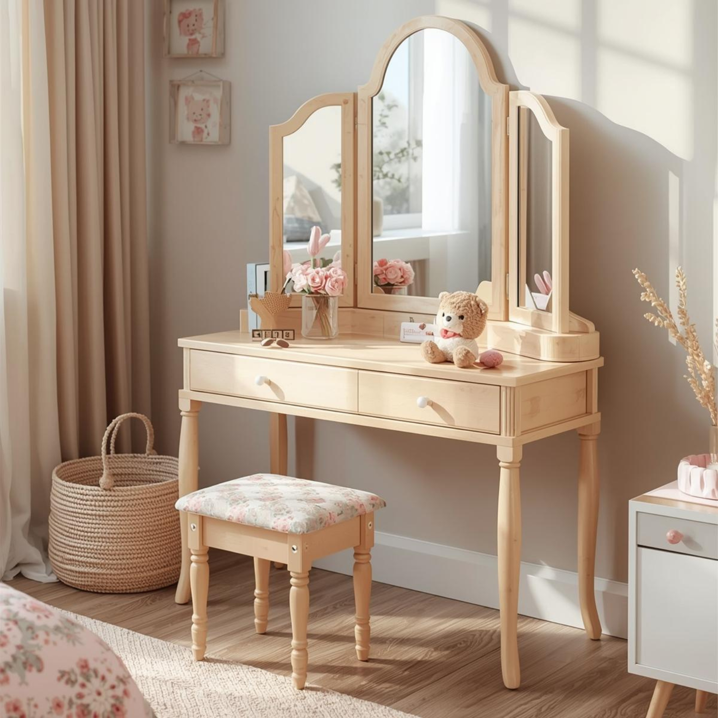 Kids Wooden Vanity Table & Stool Set