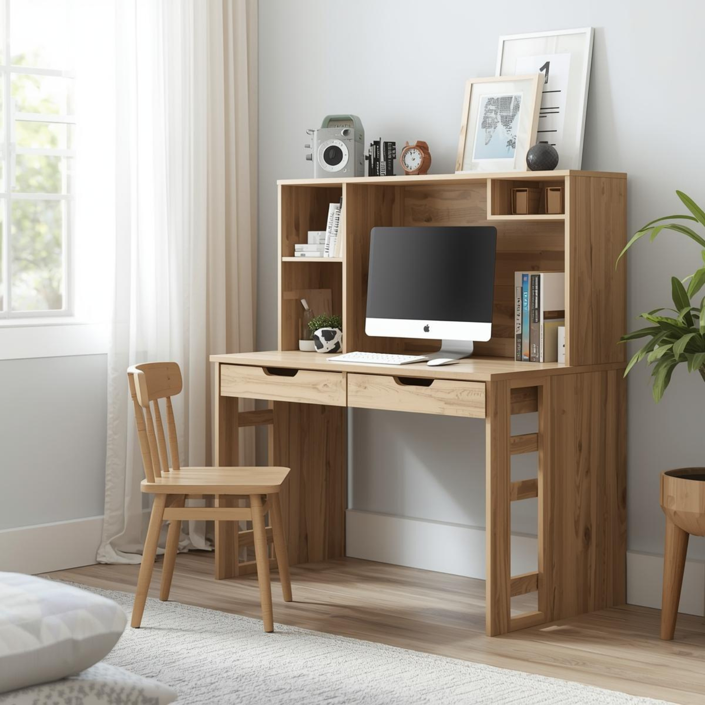 Minimalist Wooden Study Desk with Storage Hutch