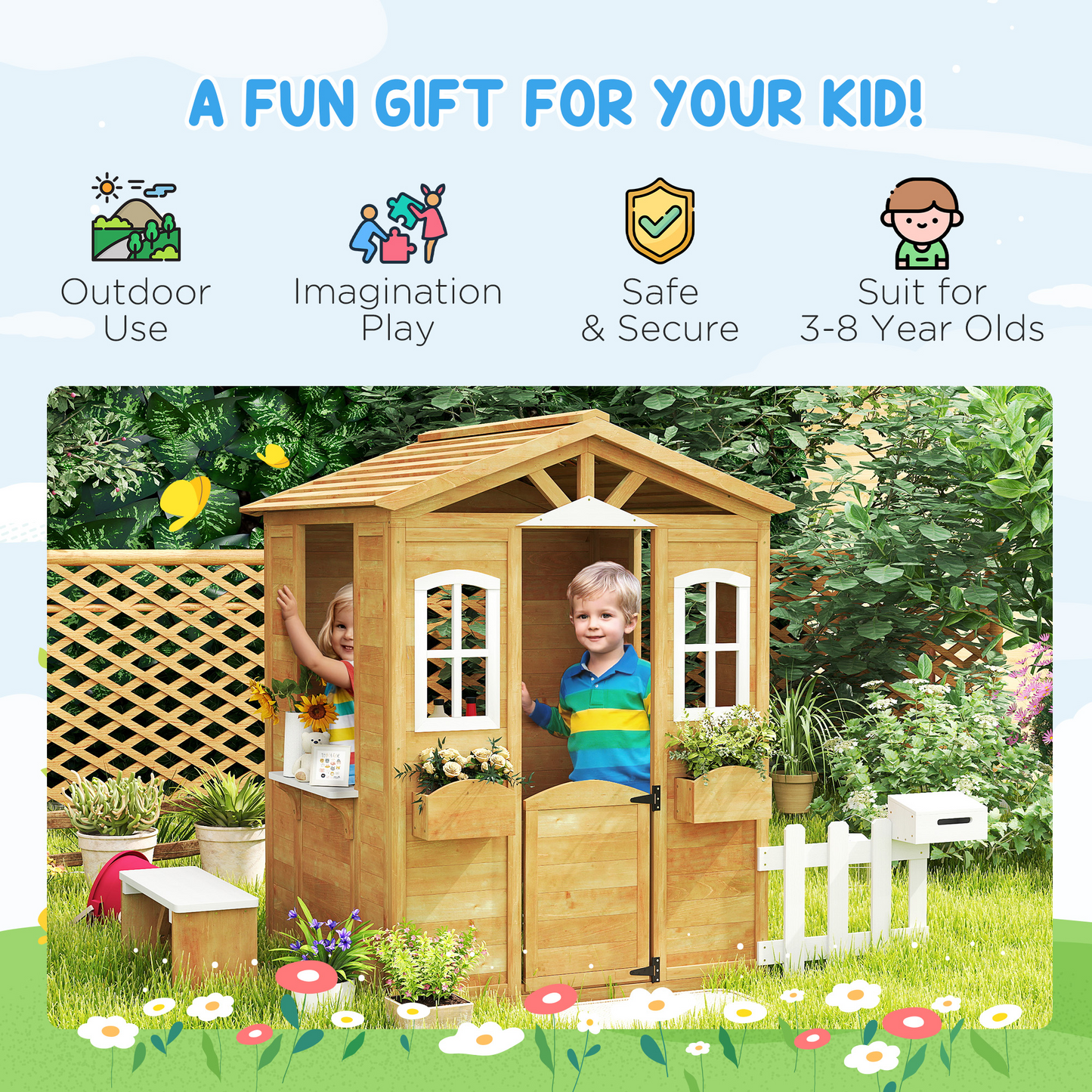 Wooden Kids Playhouse with Door Windows Mailbox Flower Pot Holder Serving Station Bench Yellow