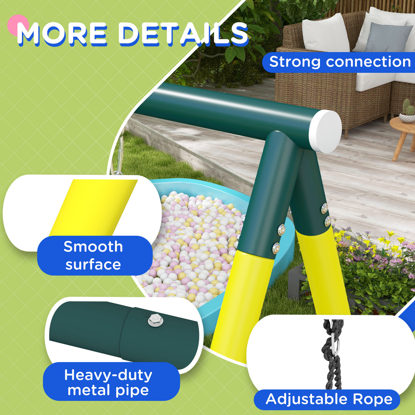 4 in 1 Swing Set for Kids with Saucer Swing, Seat, Climbing Ladder/Net, Basketball Hoop for 3-8 Years Old, Yellow