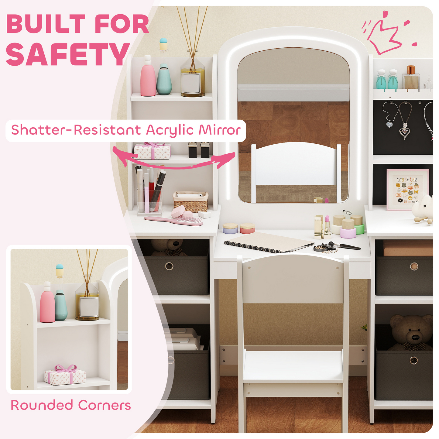 Qaba Kids Vanity Table and Chair Set, Toddler Dressing Table and Chair Set with Lighted Mirror and Storage Space for Little Girls, White