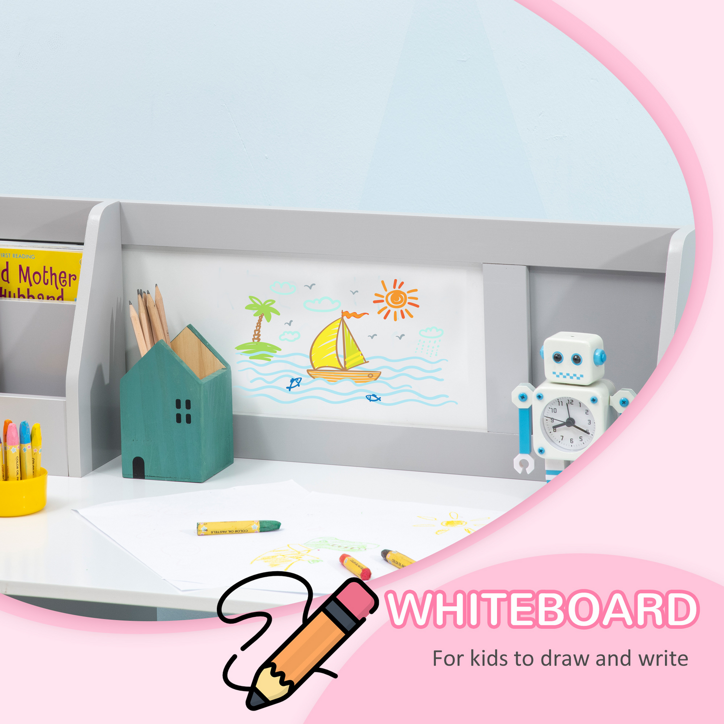 Qaba 2-piece Kids Desk and Chair Set with Whiteboard, Storage, Shelves, Grey