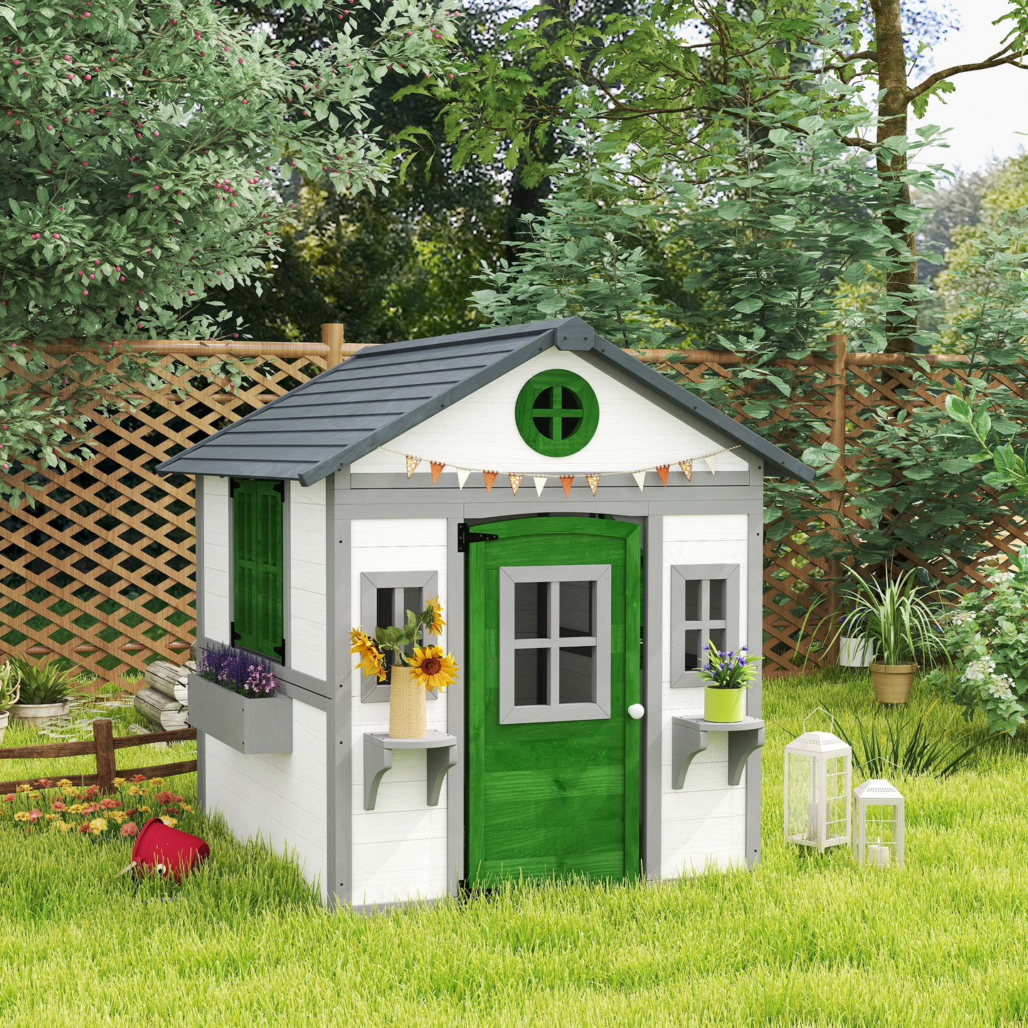Wooden Playhouse for Kids Outdoor with Door, Windows, Planter Pots and Boxes for Toddlers 3-8 Years, White