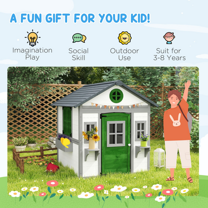 Wooden Playhouse for Kids Outdoor with Door, Windows, Planter Pots and Boxes for Toddlers 3-8 Years, White