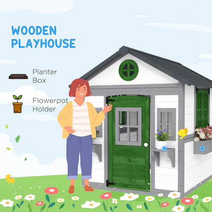 Wooden Playhouse for Kids Outdoor with Door, Windows, Planter Pots and Boxes for Toddlers 3-8 Years, White