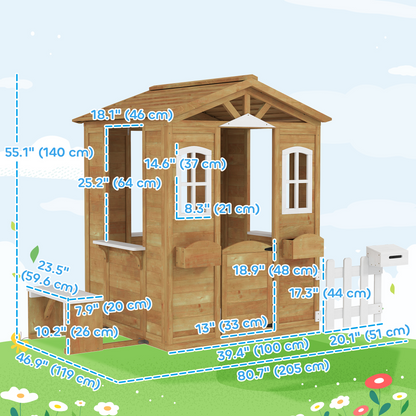 Wooden Kids Playhouse with Door Windows Mailbox Flower Pot Holder Serving Station Bench Yellow