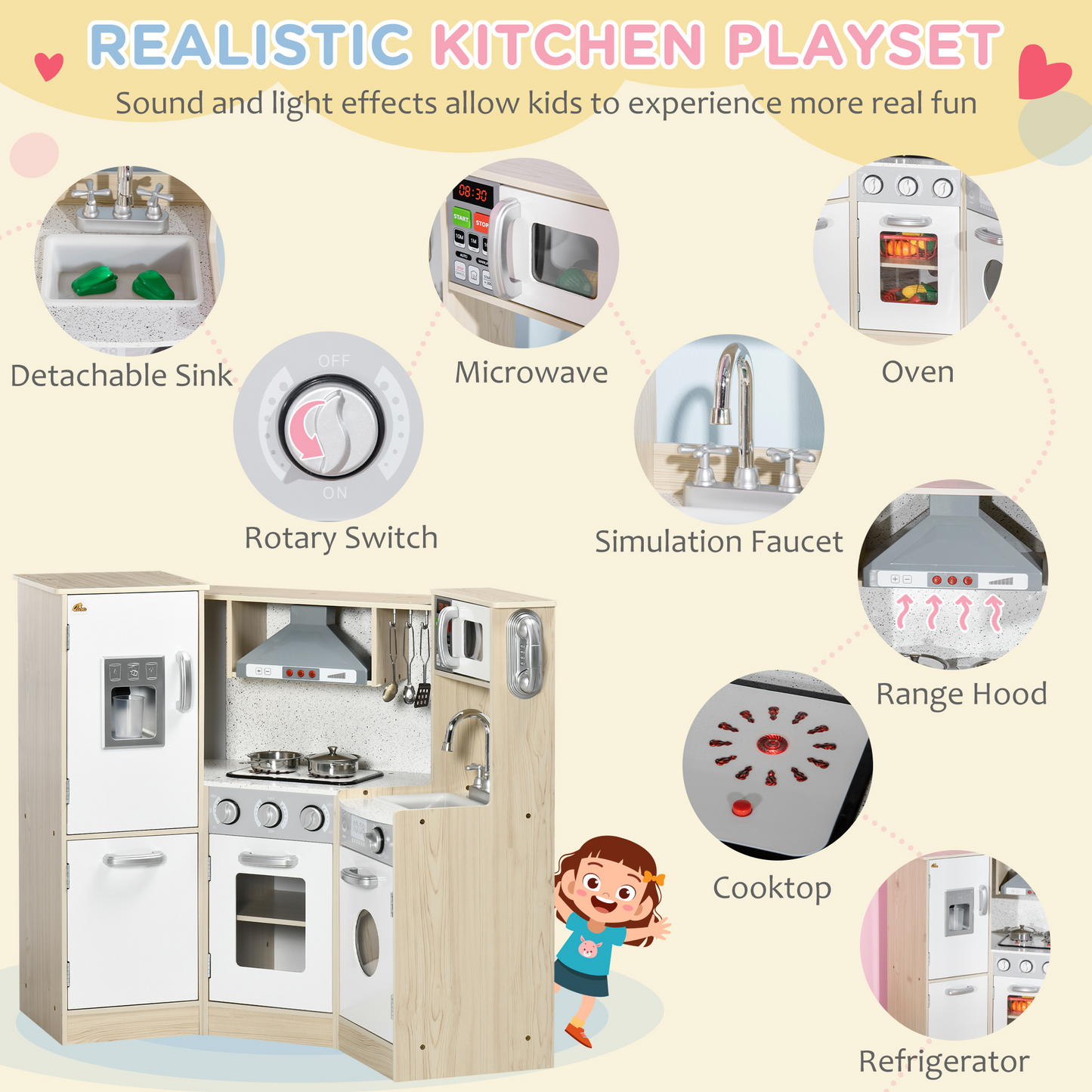 Qaba Wooden Play Kitchen with Lights Sounds, Corner Kids Kitchen Playset with Play Phone, Ice Maker, Microwave, Range Hood, Refrigerator, Utensils, For Ages 3-6 Years Old, White