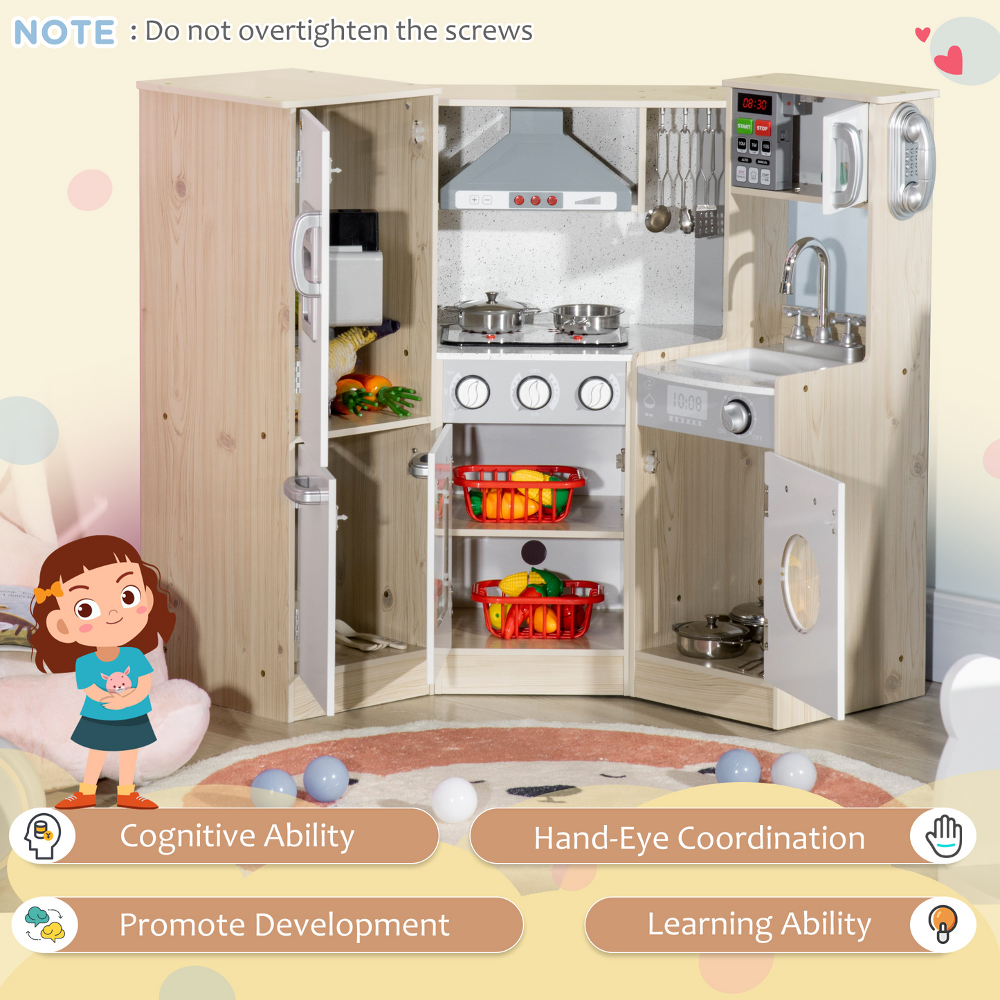 Qaba Wooden Play Kitchen with Lights Sounds, Corner Kids Kitchen Playset with Play Phone, Ice Maker, Microwave, Range Hood, Refrigerator, Utensils, For Ages 3-6 Years Old, White