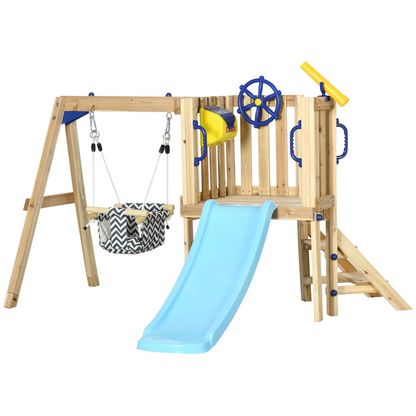 Wooden Kids Swing Set with Slide, Swing Seat, Captain's Wheel, Telescope, for Ages 18-48 Months, Natural