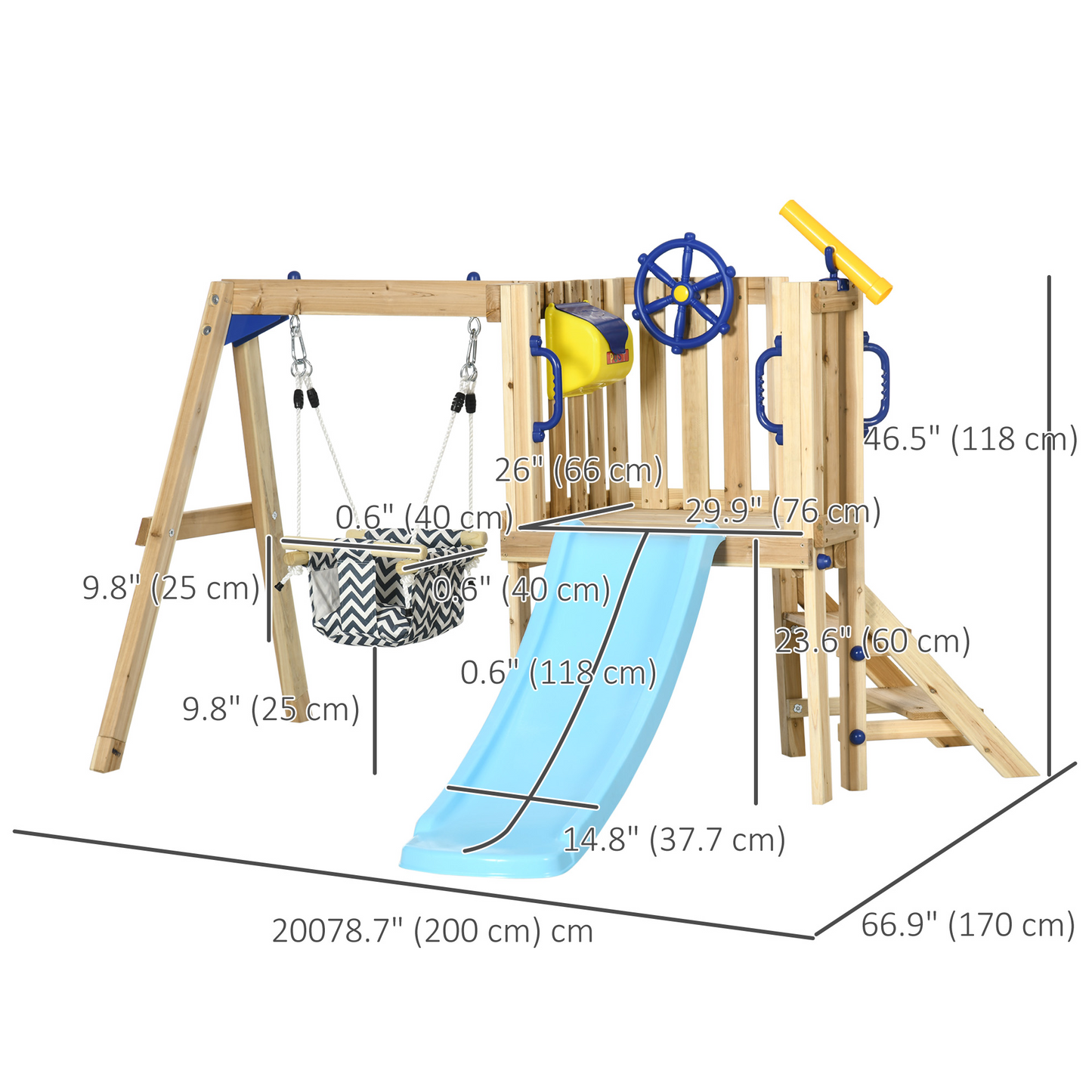 Wooden Kids Swing Set with Slide, Swing Seat, Captain's Wheel, Telescope, for Ages 18-48 Months, Natural