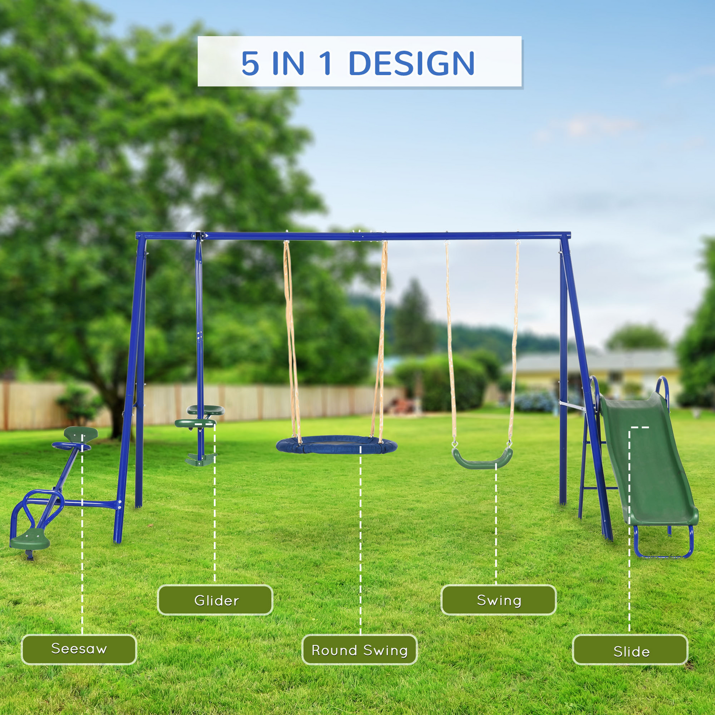 5 in1 Kids Swing Set with Saucer Swing, Slide, Seesaw, Glider, Swing Seat for Backyard, Playground