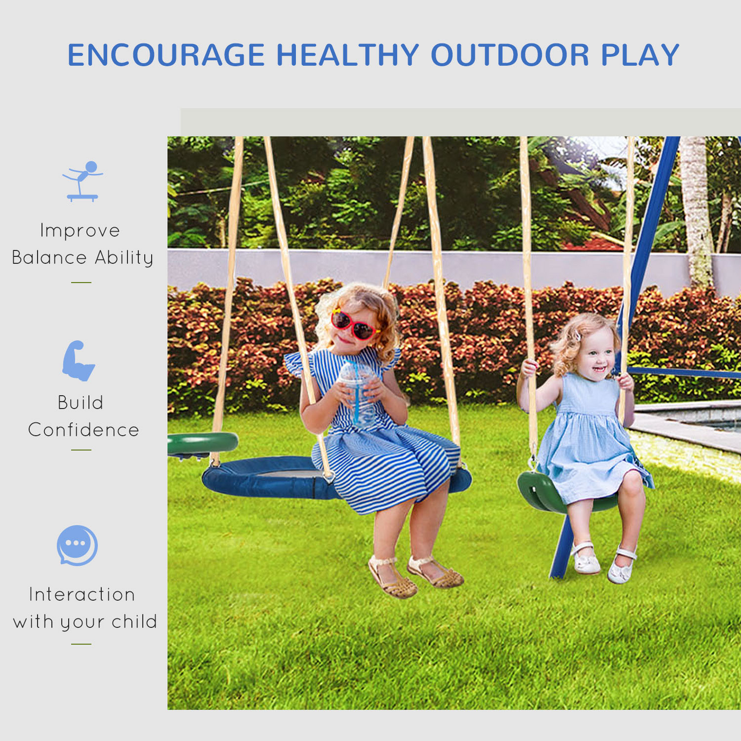 5 in1 Kids Swing Set with Saucer Swing, Slide, Seesaw, Glider, Swing Seat for Backyard, Playground