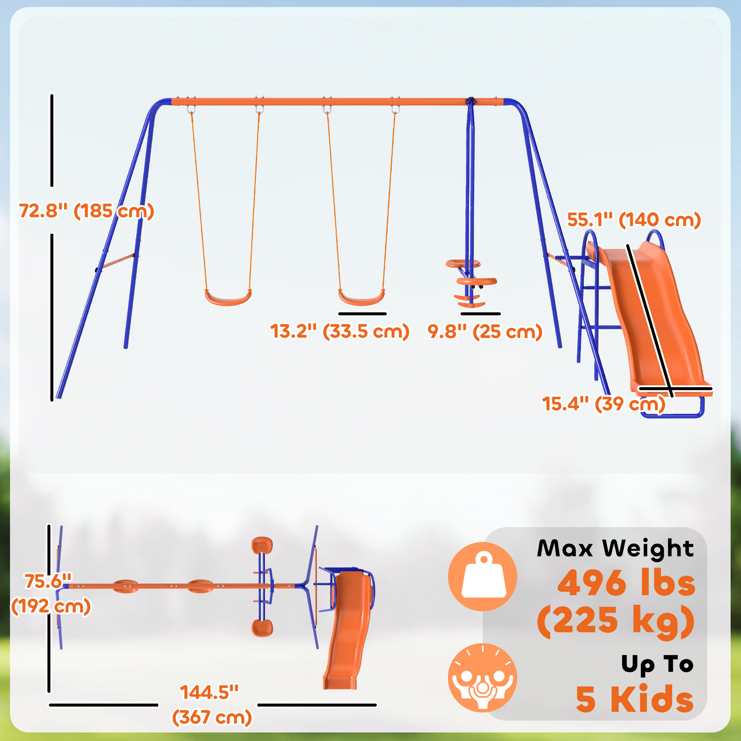 4 in 1 Metal Swing Set with Double Swings, Glider, Slide, Ladder for Backyard, Outdoor, Playground, Multicoloured