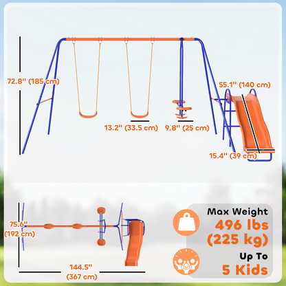 4 in 1 Metal Swing Set with Double Swings, Glider, Slide, Ladder for Backyard, Outdoor, Playground, Multicoloured