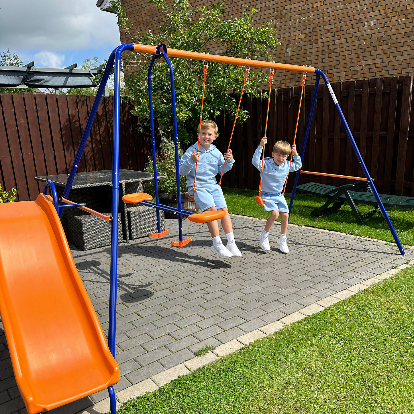 4 in 1 Metal Swing Set with Double Swings, Glider, Slide, Ladder for Backyard, Outdoor, Playground, Multicoloured