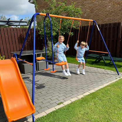 4 in 1 Metal Swing Set with Double Swings, Glider, Slide, Ladder for Backyard, Outdoor, Playground, Multicoloured