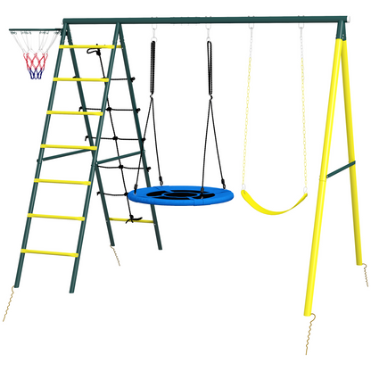 4 in 1 Swing Set for Kids with Saucer Swing, Seat, Climbing Ladder/Net, Basketball Hoop for 3-8 Years Old, Yellow