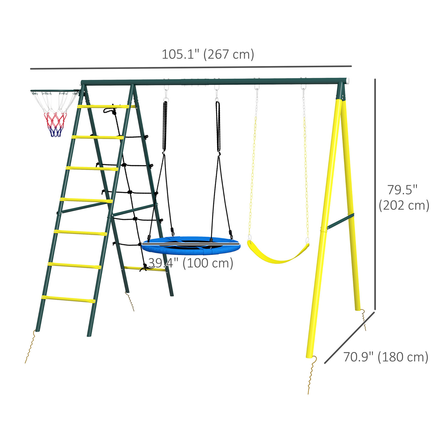 4 in 1 Swing Set for Kids with Saucer Swing, Seat, Climbing Ladder/Net, Basketball Hoop for 3-8 Years Old, Yellow