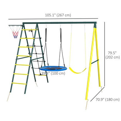 4 in 1 Swing Set for Kids with Saucer Swing, Seat, Climbing Ladder/Net, Basketball Hoop for 3-8 Years Old, Yellow
