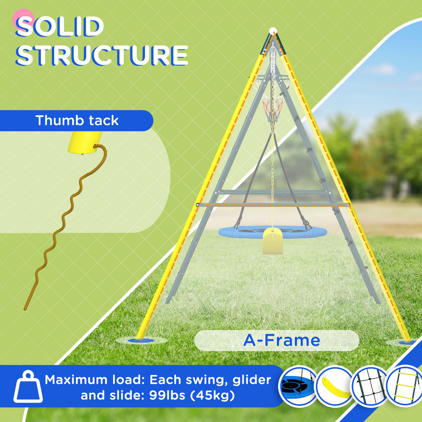 4 in 1 Swing Set for Kids with Saucer Swing, Seat, Climbing Ladder/Net, Basketball Hoop for 3-8 Years Old, Yellow