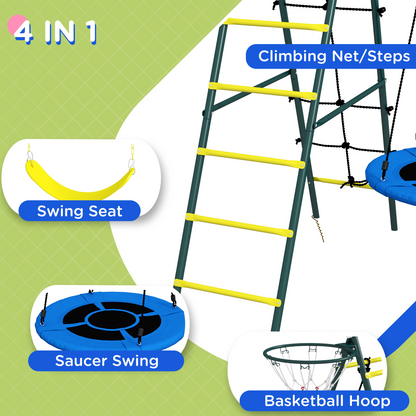 4 in 1 Swing Set for Kids with Saucer Swing, Seat, Climbing Ladder/Net, Basketball Hoop for 3-8 Years Old, Yellow