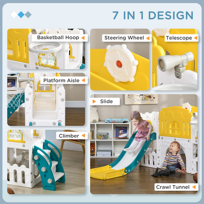 Qaba 7 in 1 Toddler Slide with Basketball Hoop, Climber, Telescope, Tunnel, Steering Wheel, for 1-3 Years, Yellow