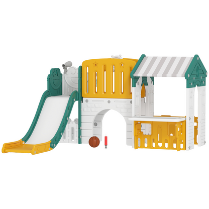 Qaba 7-in-1 Toddler Slide, Kids Slide Climber Playset with Playhouse and Basketball Hoop for 1-4 Years, Yellow
