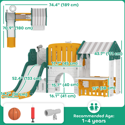 Qaba 7-in-1 Toddler Slide, Kids Slide Climber Playset with Playhouse and Basketball Hoop for 1-4 Years, Yellow