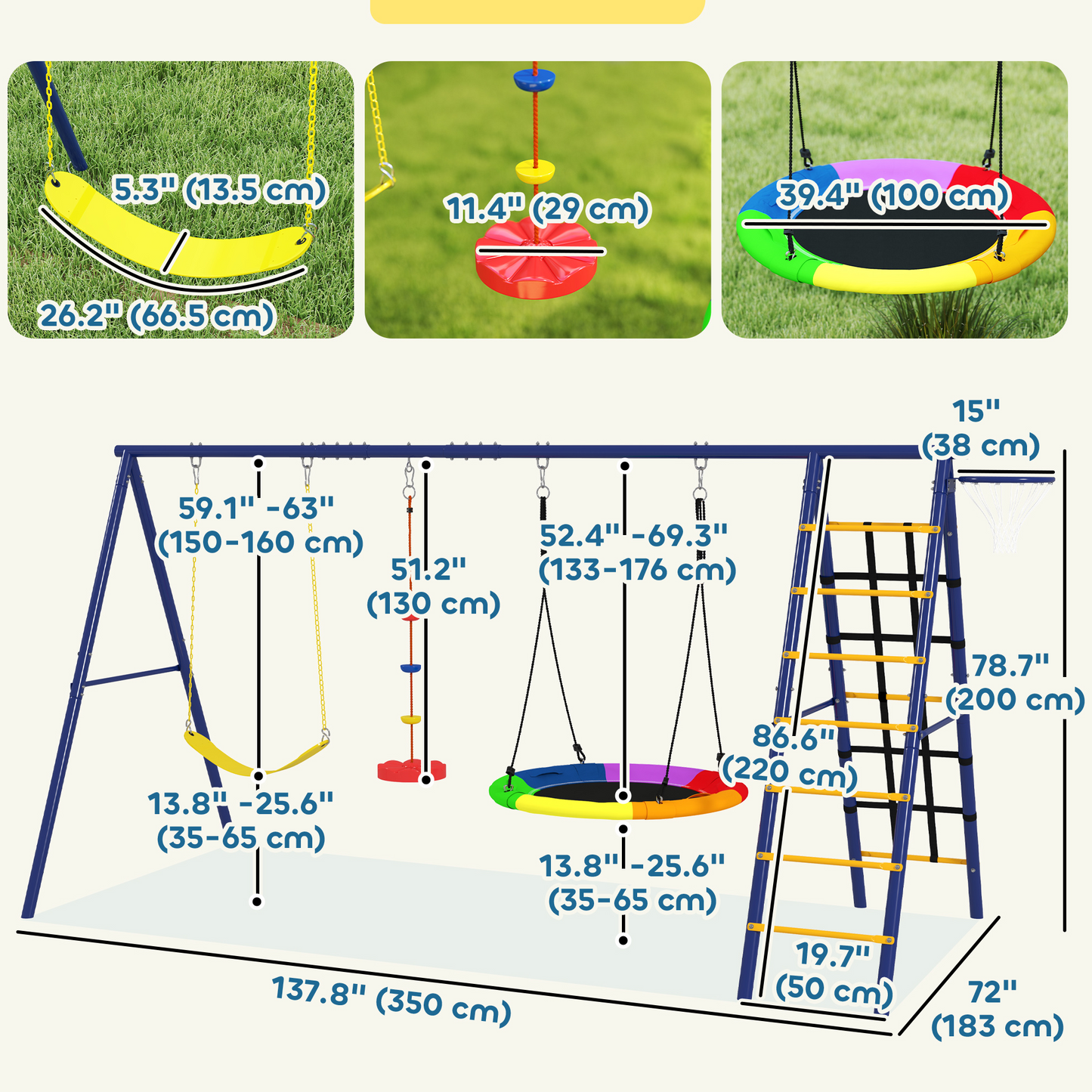 Qaba 6 in 1 Kids Swing Set with 1 Saucer Swing, 1 Belt Swing, 1 Disc Rope Swing, Climbing Ladder and Net, Basketball Hoop