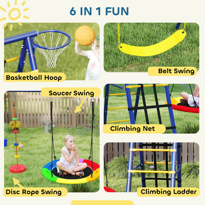 Qaba 6 in 1 Kids Swing Set with 1 Saucer Swing, 1 Belt Swing, 1 Disc Rope Swing, Climbing Ladder and Net, Basketball Hoop