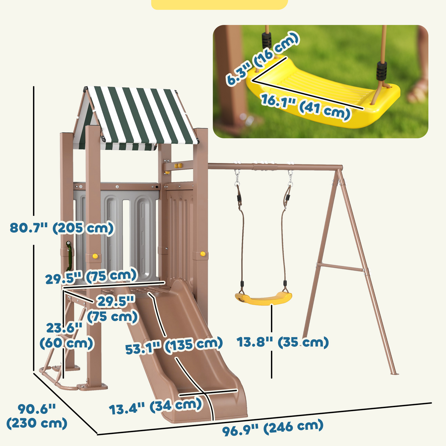 Qaba 4-in-1 Kids Swing Set for Playground with Slide, Covered Fort, Climbing Ladder, Ground Stakes, for Kids Ages 3-8, Brown