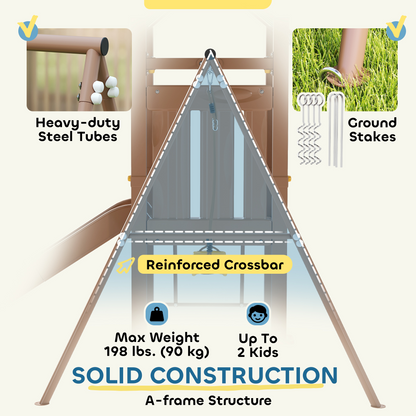 Qaba 4-in-1 Kids Swing Set for Playground with Slide, Covered Fort, Climbing Ladder, Ground Stakes, for Kids Ages 3-8, Brown