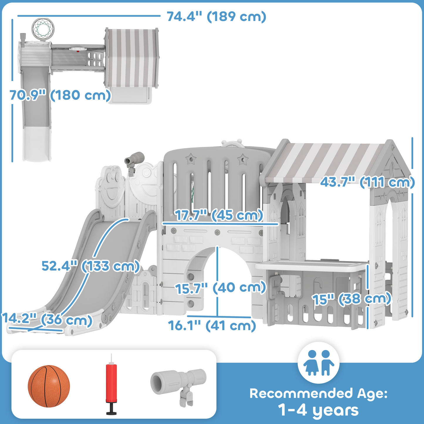 Qaba 7-in-1 Toddler Slide, Kids Slide Climber Playset with Playhouse and Basketball Hoop for 1-4 Years, Grey