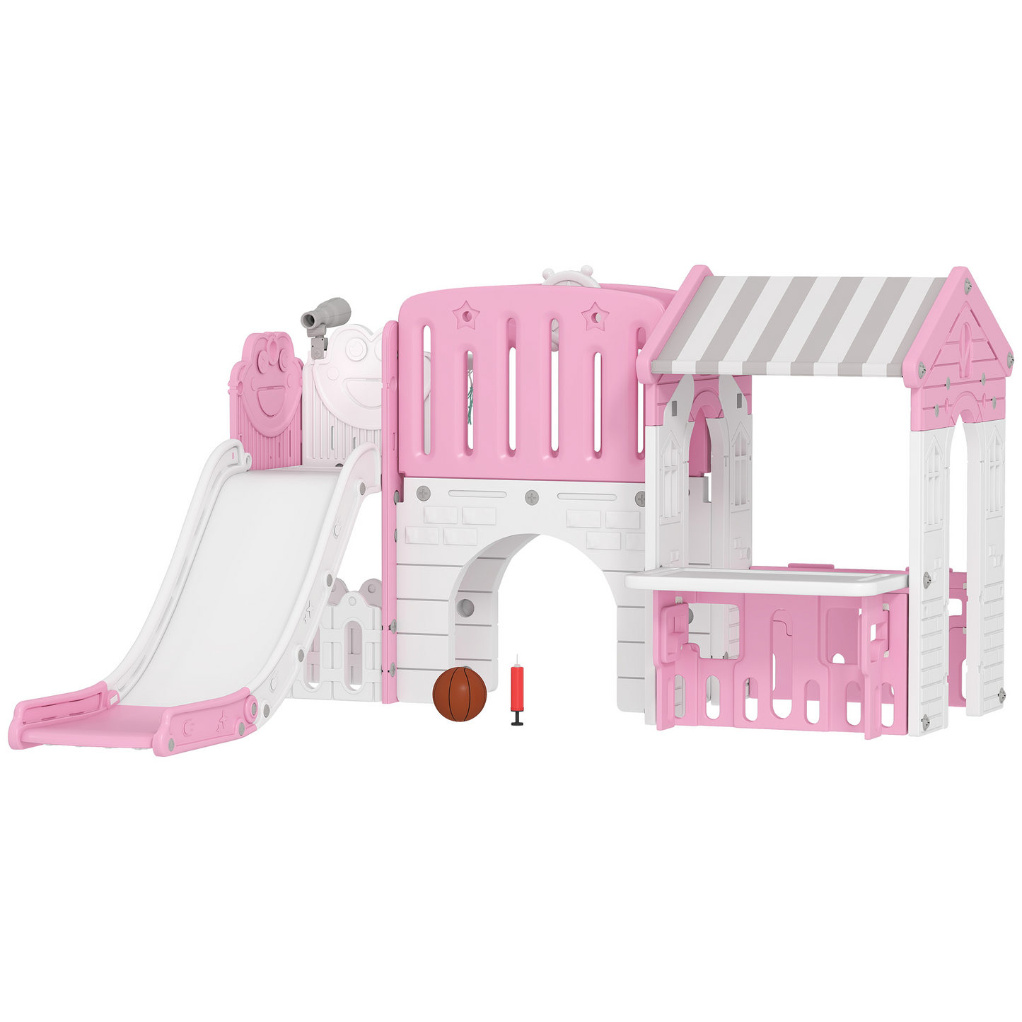 Qaba 7-in-1 Toddler Slide, Kids Slide Climber Playset with Playhouse and Basketball Hoop for 1-4 Years, Pink