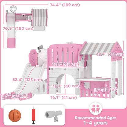 Qaba 7-in-1 Toddler Slide, Kids Slide Climber Playset with Playhouse and Basketball Hoop for 1-4 Years, Pink