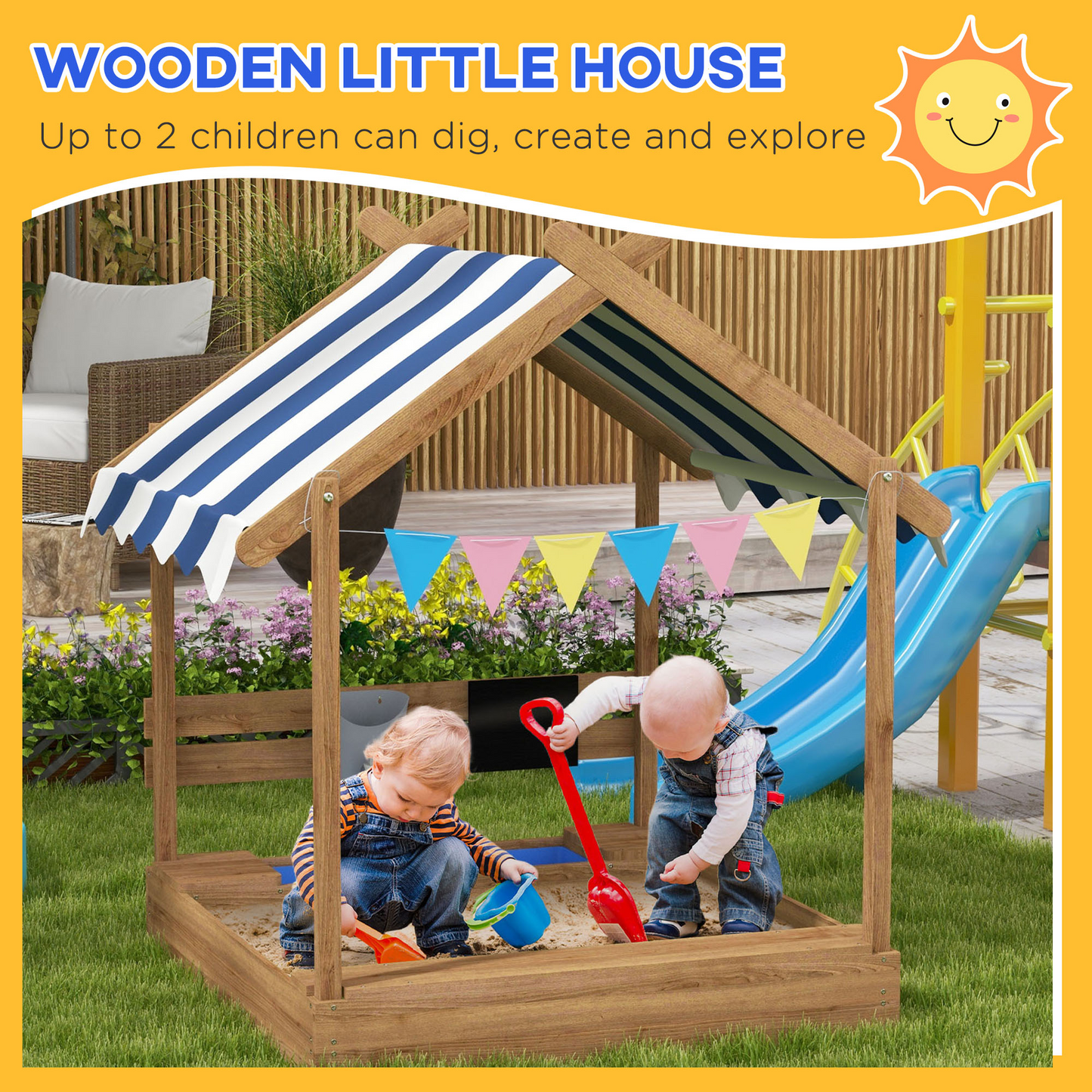 Outdoor Wooden Sandbox with Cover for 3-7 Years Old, Backyard, Brown