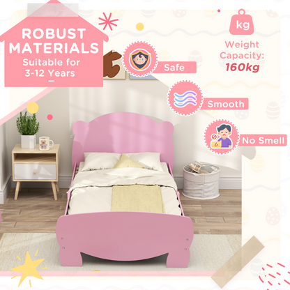 Qaba Twin Bed Frame with Bear Shaped Headboard & Footboard, Slats Support, No Box Spring Needed, for Boys, Girls, Pink