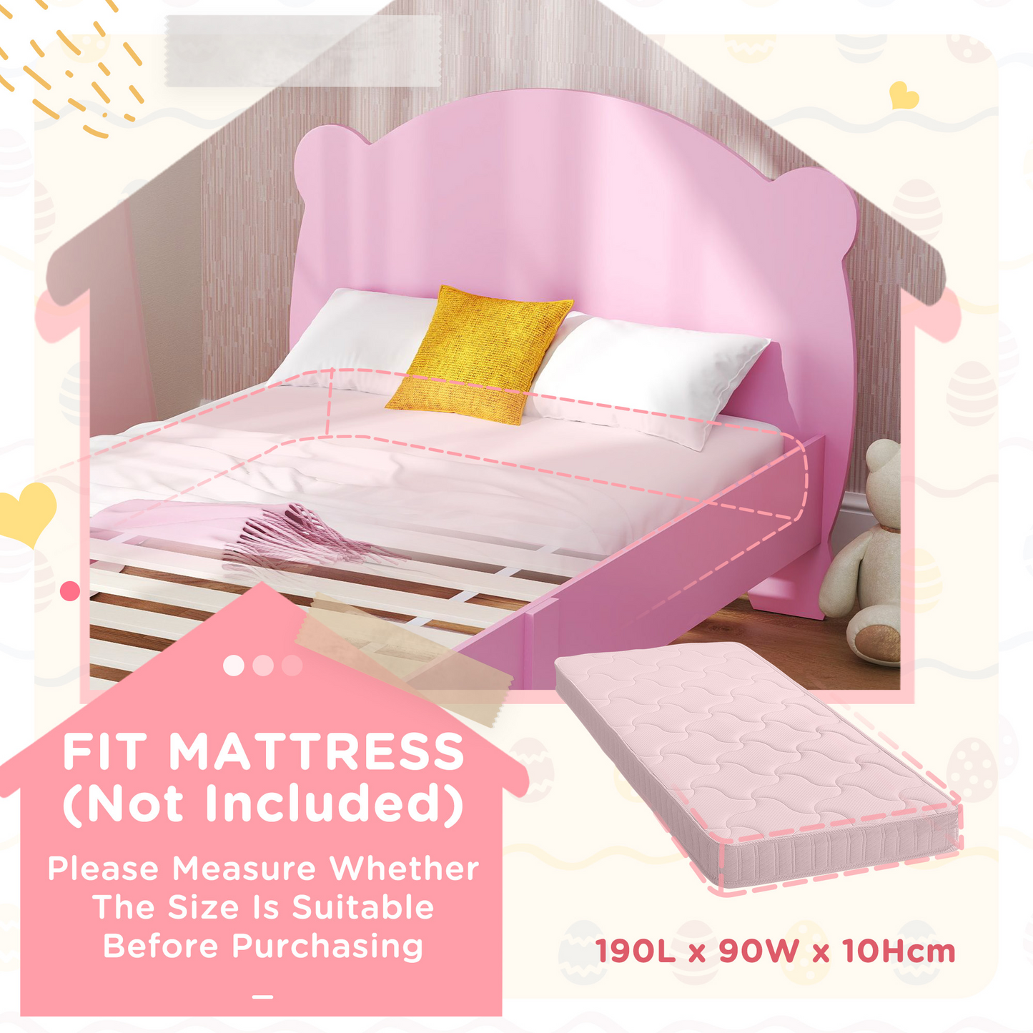 Qaba Twin Bed Frame with Bear Shaped Headboard & Footboard, Slats Support, No Box Spring Needed, for Boys, Girls, Pink
