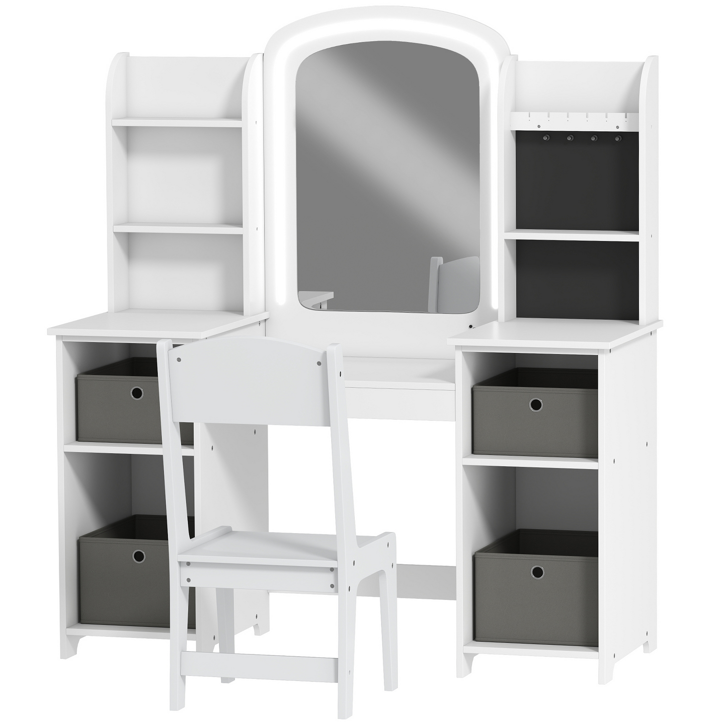 Qaba Kids Vanity Table and Chair Set, Toddler Dressing Table and Chair Set with Lighted Mirror and Storage Space for Little Girls, White