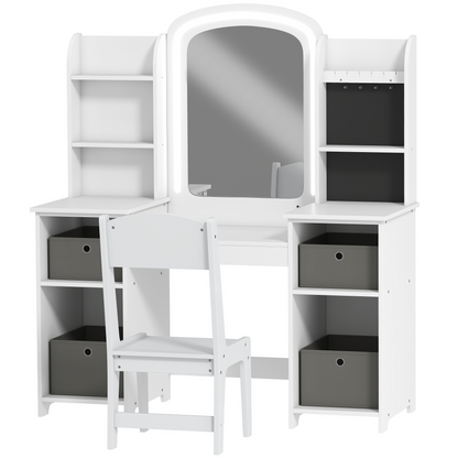 Qaba Kids Vanity Table and Chair Set, Toddler Dressing Table and Chair Set with Lighted Mirror and Storage Space for Little Girls, White