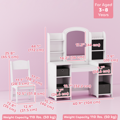 Qaba Kids Vanity Table and Chair Set, Toddler Dressing Table and Chair Set with Lighted Mirror and Storage Space for Little Girls, White