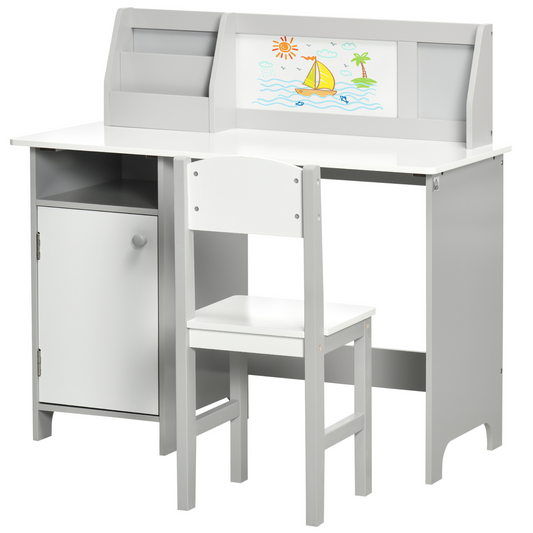 Qaba 2-piece Kids Desk and Chair Set with Whiteboard, Storage, Shelves, Grey