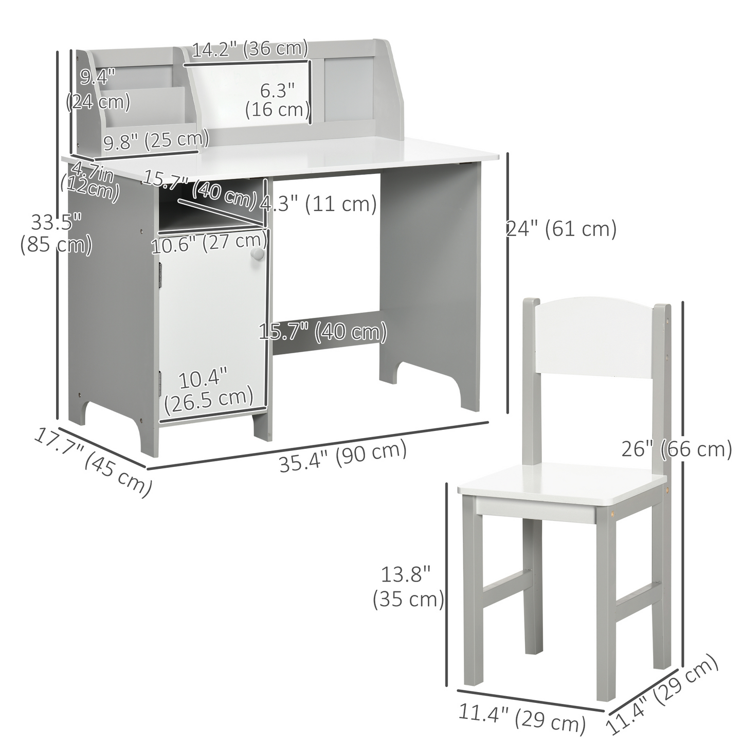 Qaba 2-piece Kids Desk and Chair Set with Whiteboard, Storage, Shelves, Grey