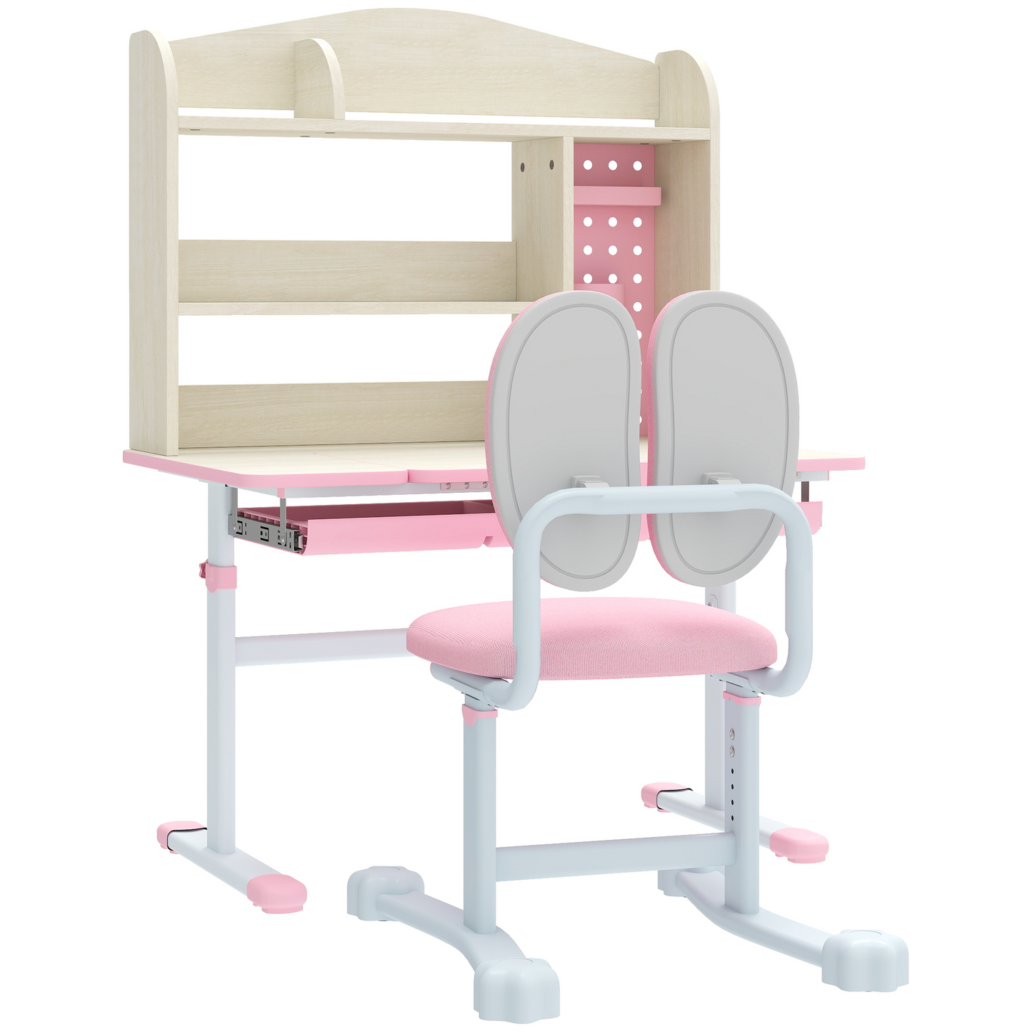 Qaba Kids Desk and Chair Set with Tilt Desktop, Adjustable Height, Drawer and Shelves for Boys Girls Ages 3-12, Pink
