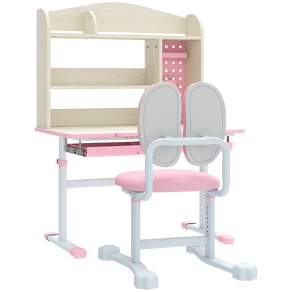 Qaba Kids Desk and Chair Set with Tilt Desktop, Adjustable Height, Drawer and Shelves for Boys Girls Ages 3-12, Pink