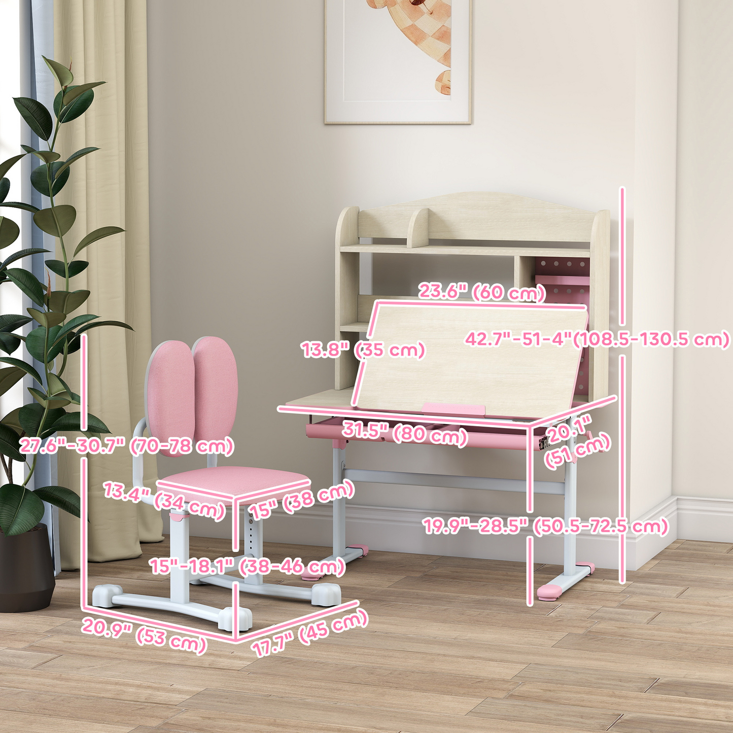 Qaba Kids Desk and Chair Set with Tilt Desktop, Adjustable Height, Drawer and Shelves for Boys Girls Ages 3-12, Pink