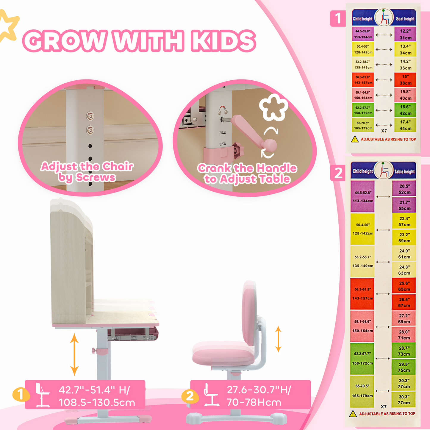 Qaba Kids Desk and Chair Set with Tilt Desktop, Adjustable Height, Drawer and Shelves for Boys Girls Ages 3-12, Pink