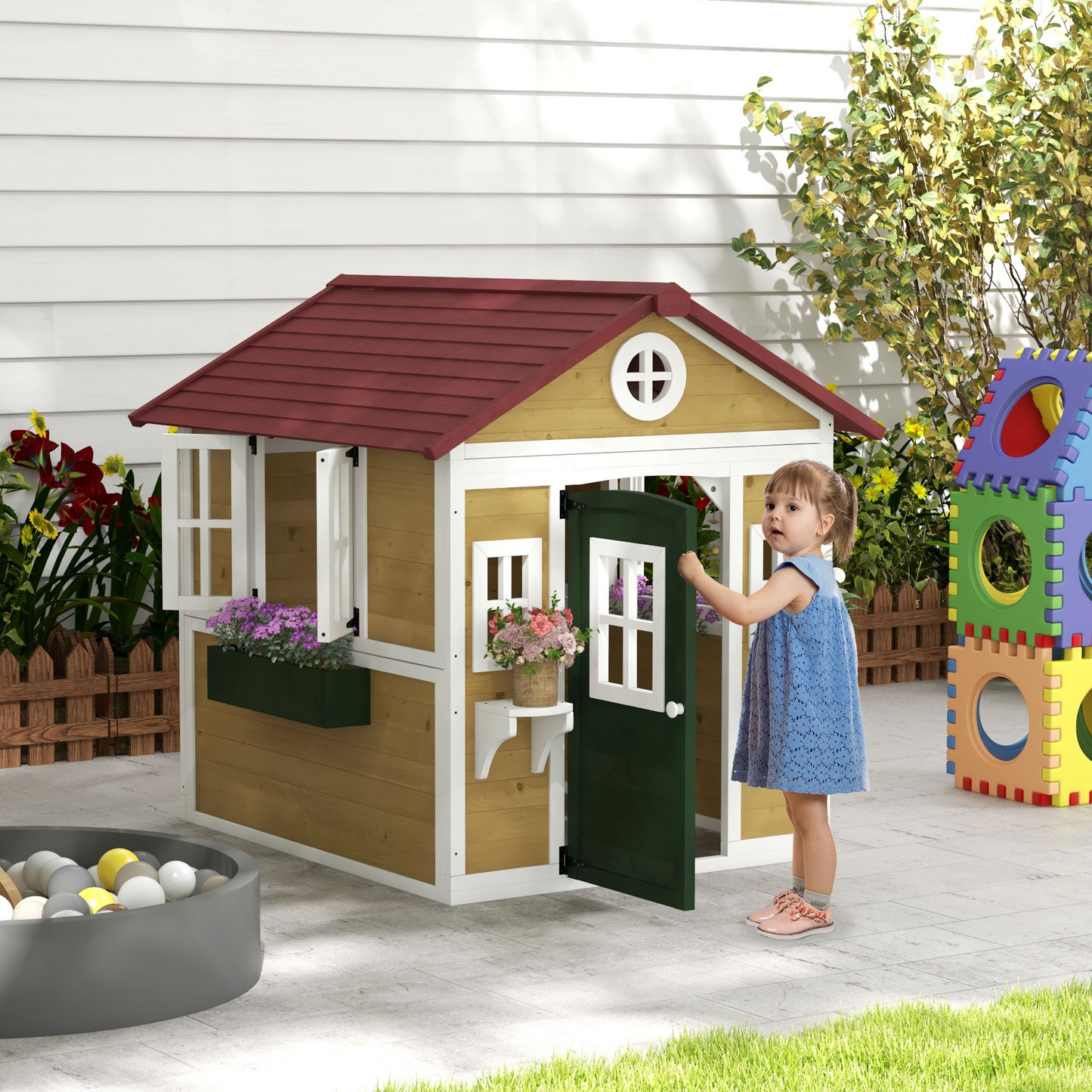 Wooden Playhouse for Kids Outdoor with Door, Windows, Planter Pots and Boxes for Toddlers 3-8 Years, Beige