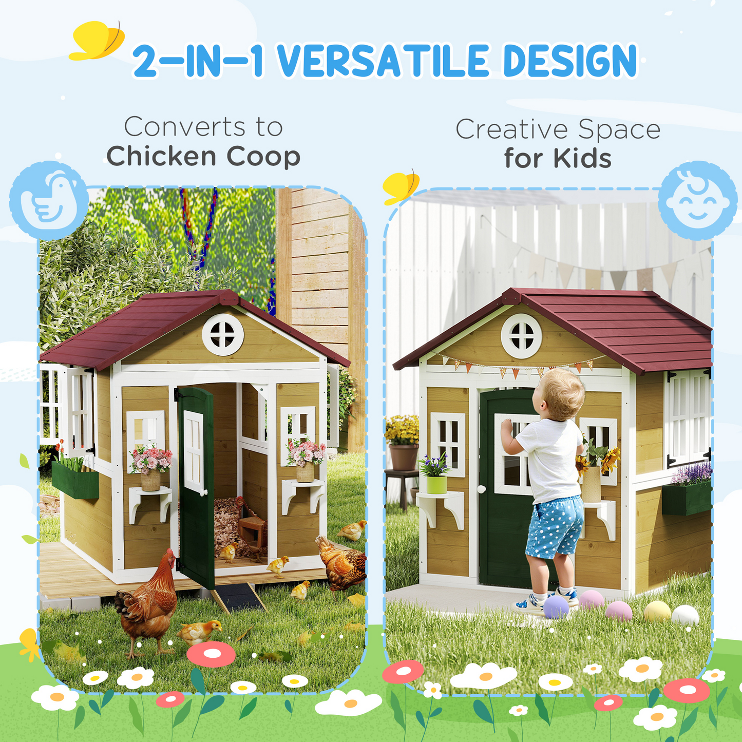 Wooden Playhouse for Kids Outdoor with Door, Windows, Planter Pots and Boxes for Toddlers 3-8 Years, Beige