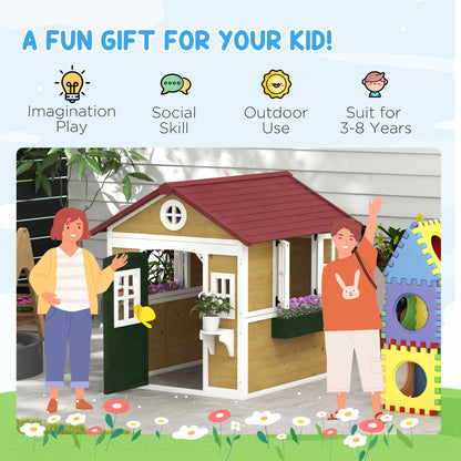 Wooden Playhouse for Kids Outdoor with Door, Windows, Planter Pots and Boxes for Toddlers 3-8 Years, Beige